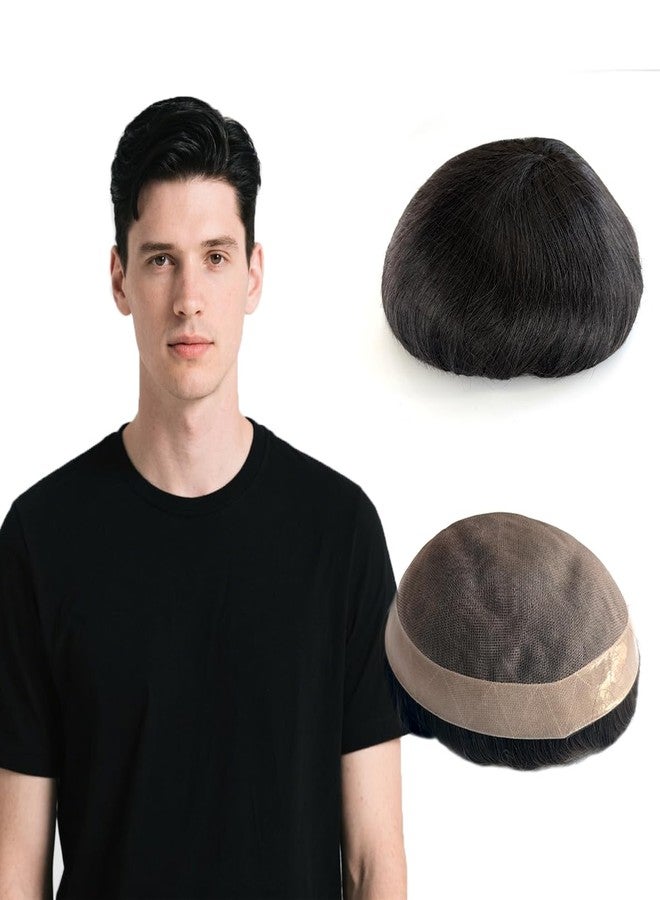 Hywel Toupee for Men with Real Soft Human Hair, Mono Top with Poly Coating Around Cap Mens Toupee, Straight Hair Pieces System Men Replacement In Stock Off Black #1B (Size 6 * 8 Inch) - Image 1